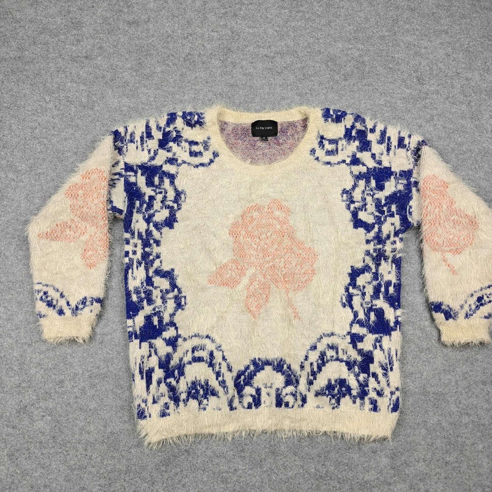 La‎ Fee Verte Sweater Womens Medium Multicolor Fuzzy Knit Rose Floral Pullover